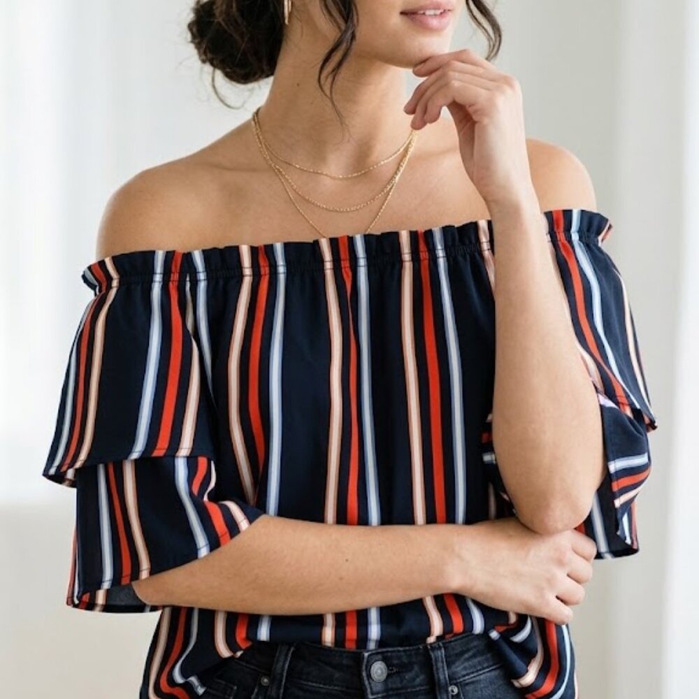 SOLD: Peach Love California Striped Off-the-shoulder Shirt